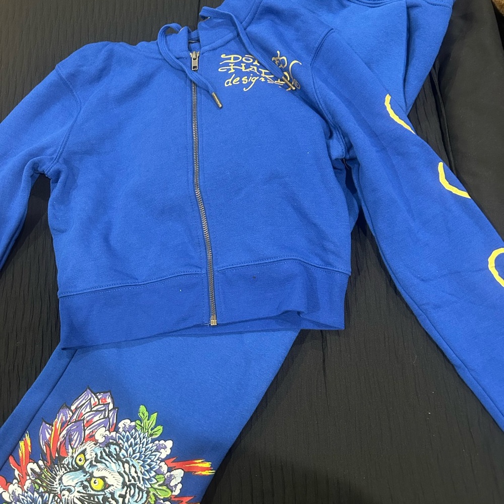 Ed Hardy Blue Track Suit with Graphic Design